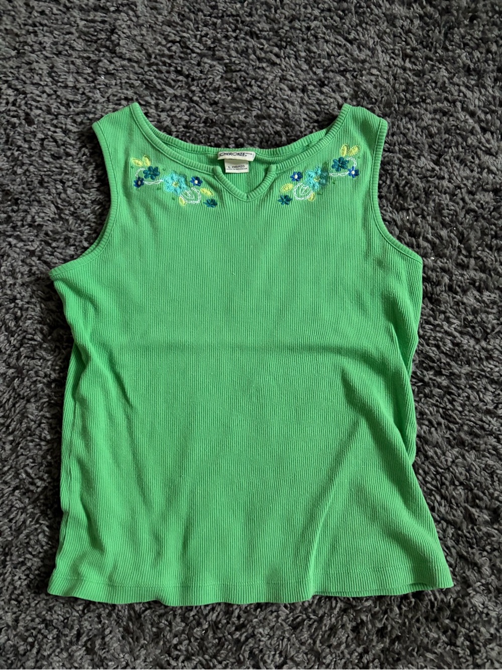 Cherokee Bright Green Ribbed Tank with Floral Embroidery